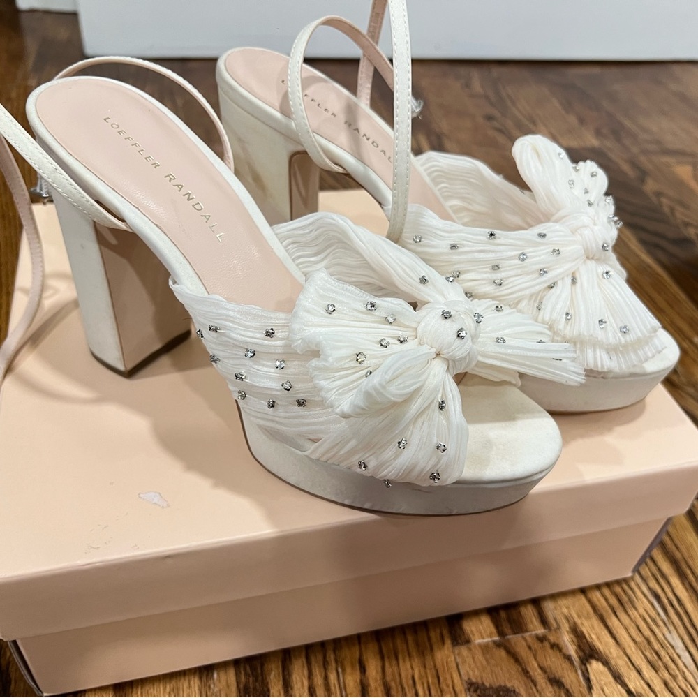 Loeffler Randall NATALIA White Pearl Bow Heel Rhinestone Embellished Platform